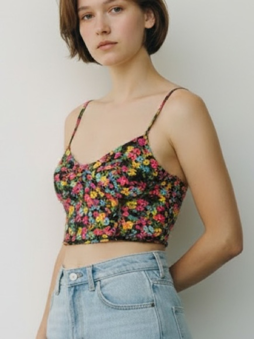 Y2K Garage Dark Floral Print Corset Crop Top Bustier - Size medium
